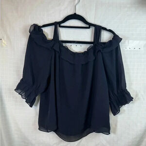Soft Surroundings Size M BLACK Cold Shoulder  100% Silk Top  Blouse Shirt
